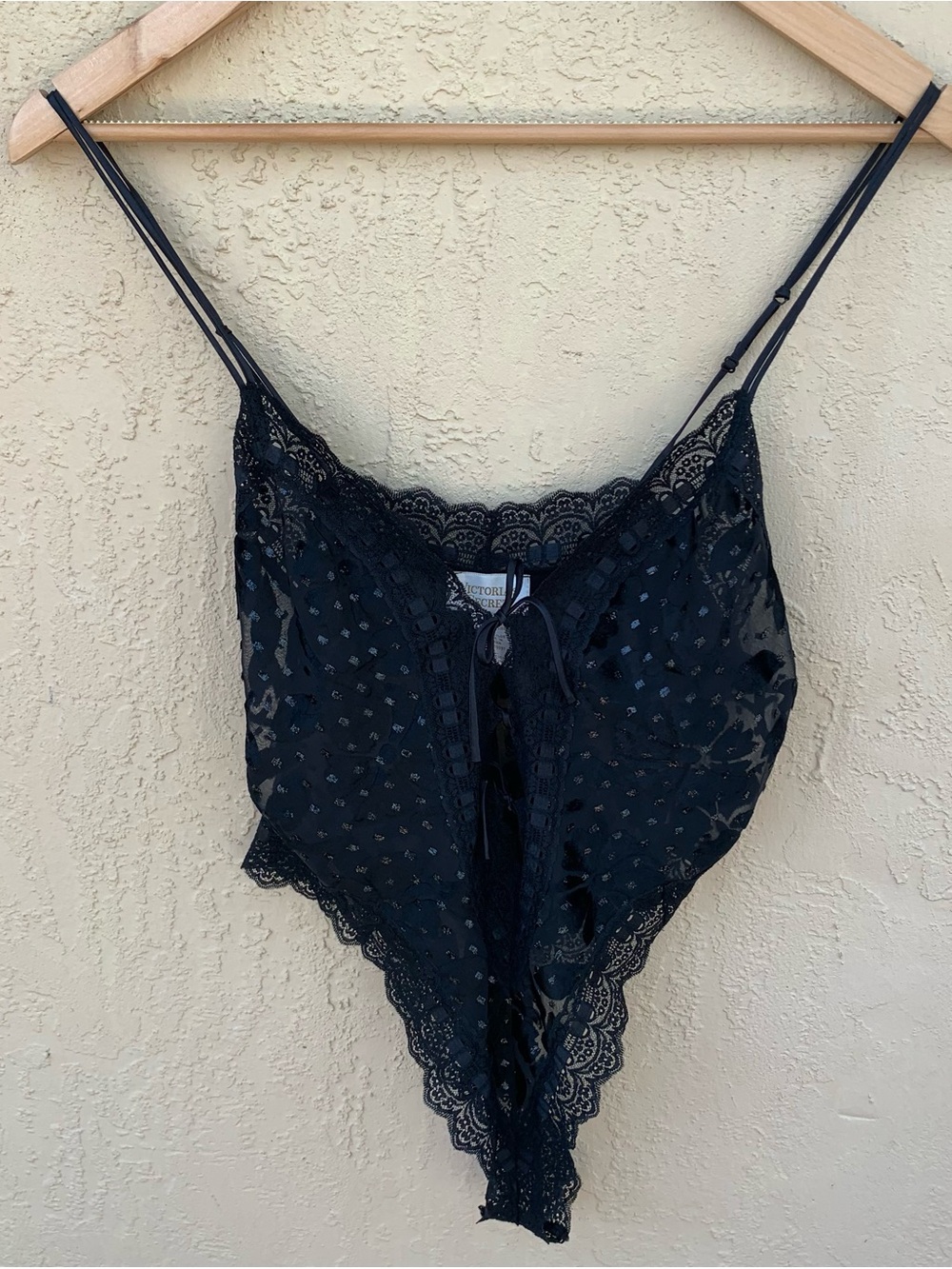 Vintage Gold Label Victoria's Secret Black Lace Polka-Dot Lace-Up Teddy, Large